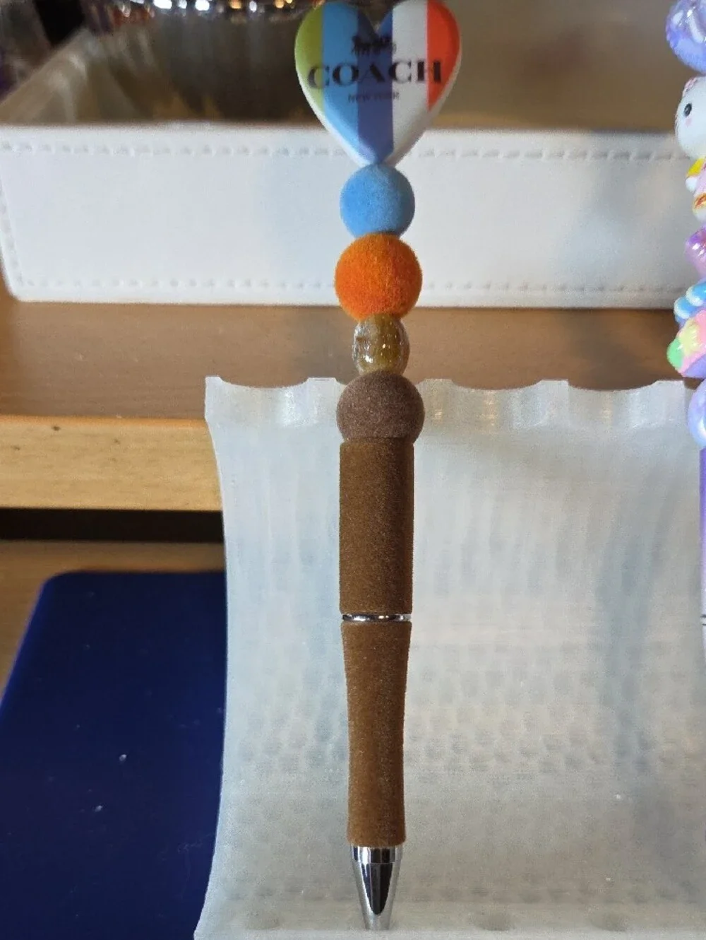 Coach Multicolor Heart Charm Beaded Pen in Blue, Orange, Tan. Flocked Pen